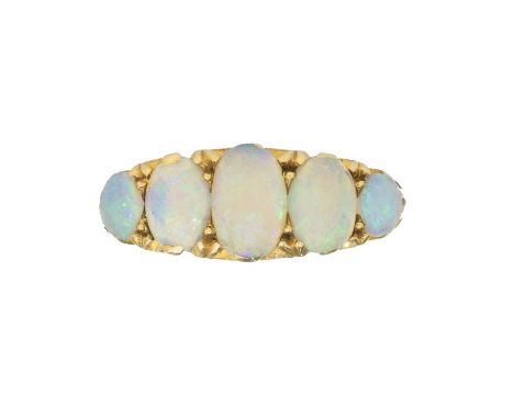 An 18ct gold opal five stone ring, An 18ct gold opal five stone ring, the oval opal cabochon line with scrolling sides, hallm