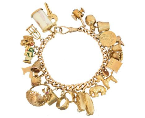A 9ct gold charm bracelet, A 9ct gold charm bracelet, the flat curb link chain with lobster clasp, suspending twenty three ch