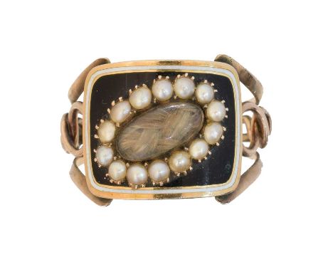 A Georgian enamel and split pearl mourning ring, A Georgian enamel and split pearl mourning ring, the central hairwork panel 