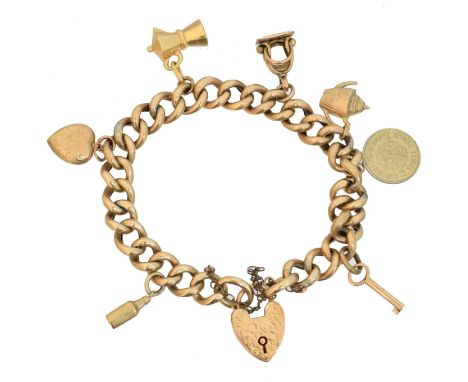 A 9ct gold charm bracelet, A 9ct gold charm bracelet, the curb link chain with heart shaped padlock clasp, suspending seven c