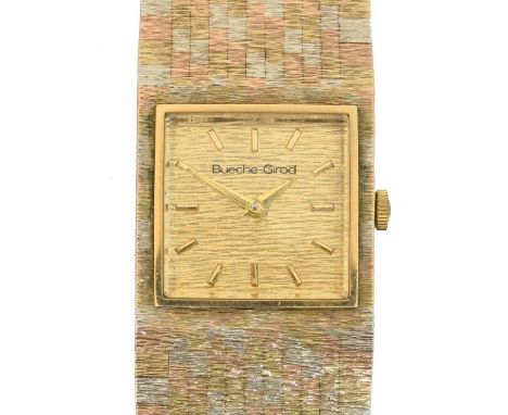 A 9ct gold Bueche Girod wristwatch,  A 9ct gold Bueche Girod wristwatch, the signed square dial with baton markers, signed ca