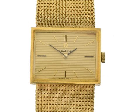 An 18ct gold Omega wristwatch,  An 18ct gold Omega wristwatch, cal. 620, the signed rectangular dial with baton markers, 17 j