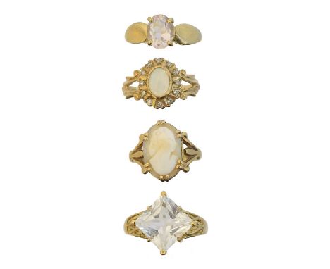 Four 9ct gold vari-gem dress rings, Four 9ct gold vari-gem dress rings, to include an opal and diamond cluster ring, a shell 