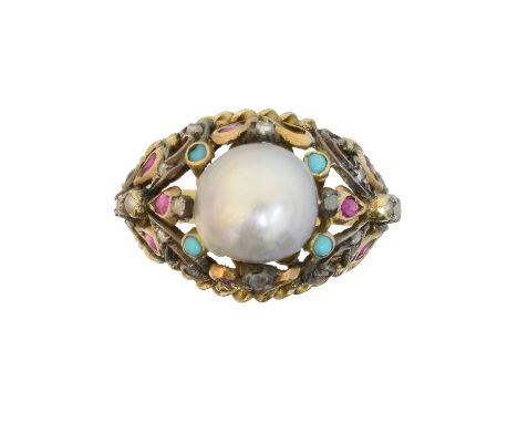 A gold and silver baroque pearl dress ring,  A gold and silver baroque pearl dress ring, the baroque pearl within a rose cut 