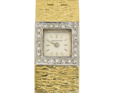 An 18ct gold diamond Bueche Girod wristwatch, An 18ct gold diamond Bueche Girod wristwatch, the signed square dial with baton