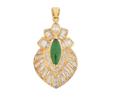 A jade and diamond pendant,  A jade and diamond pendant, the marquise jade cabochon within a vari cut diamond surround, estim