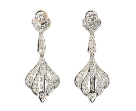 A pair of diamond drop earrings,  A pair of diamond drop earrings, each designed as a vari cut diamond drop suspended from a 