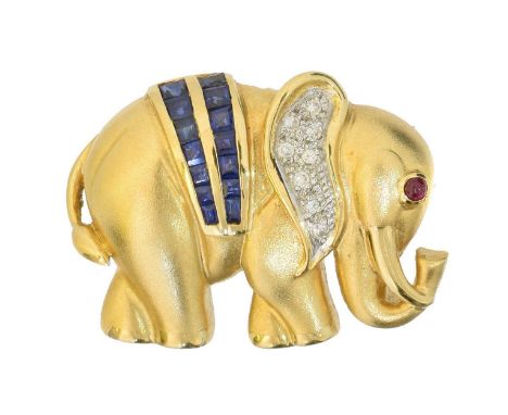 A gem-set elephant brooch, A gem-set elephant brooch, with circular ruby cabochon eye, brilliant cut diamond ear and calibre 