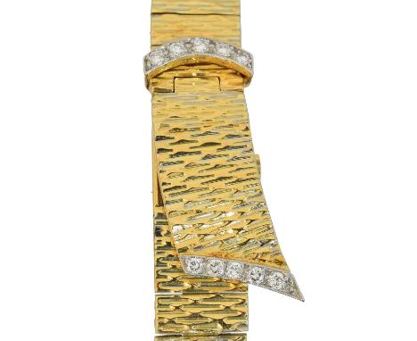 An 18ct gold diamond Bueche Girod bracelet watch, An 18ct gold diamond Bueche Girod bracelet watch, the signed square dial wi