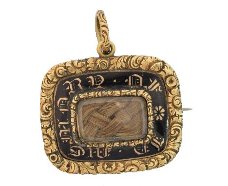 An early Victorian mourning brooch, An early Victorian mourning brooch, the rectangular hairwork panel within a black enamel 