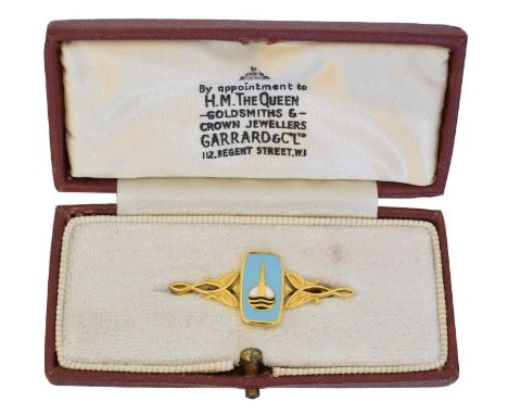 A 9ct gold Garrard enamel brooch, A 9ct gold Garrard enamel brooch, the polychrome enamel panel displaying the logo for the I