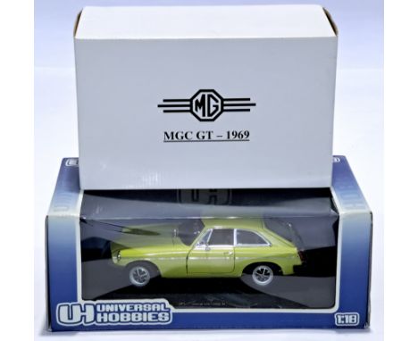 Universal Hobbies 1:18 scale pair to include 4457 MGC GT-1969 &amp; 4454 MGB GT -MKII. Although unchecked for completeness, c