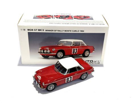 Autoart 1:18 scale 86481 MGB GT MKII Rally 1964 #83, condition generally appears to be Good to Good Plus in Good box with inn