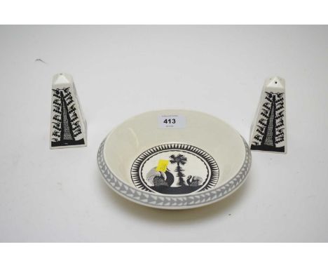 A Royal Worcester fine ware circular bowl by Scottie Wilson, with monochrome decoration, 18cms diameter; together with matche