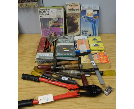 An assortment of loose and boxed tools, including: a Powerline Model 72 Hobbyist Kit, in box; a Unimark Senior Riveting Tool,