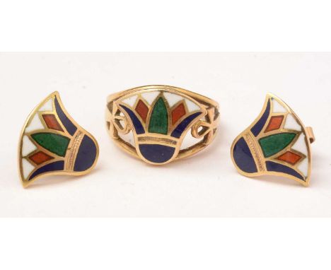 An Egyptian revival gold and enamel ring and matching earrings, with Egyptian gold marks, 10.g gross. 