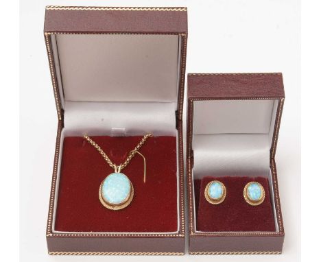 An opal pendant and earrings, probably Gilston Synthetics, in 9ct yellow gold mounts and chain, pendant and chain 12.4g gross