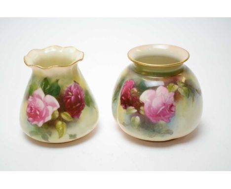 A Royal Worcester vase hand-painted with roses in hues of pink, pattern No. G957, 8.5cms high; together with a similarly deco