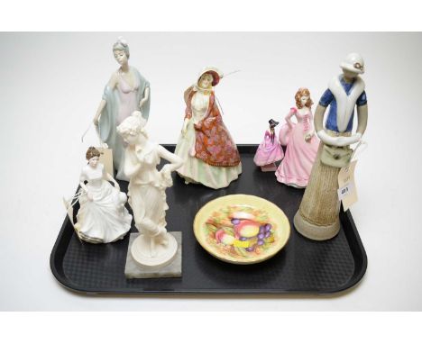 A Royal Doulton figure of 'The Paisley Shawl' HN1392; a Royal Doulton figure of 'Pantalettes'; a Royal Worcester figure of 'S