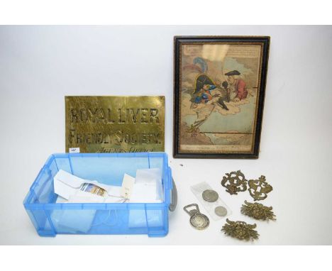 Royal Liver Friendly Society Agent's Office brass wall sign, 20cms x 33cms wide; together with a framed early 20th C etching 
