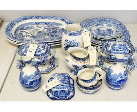 A selection of blue and white ceramics, including: pair of Copeland Spode bottle vases; Ashworth Bros Hanley dinner ware incl