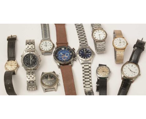 A collection of modern and contemporary wristwatches, including a gold-plated Rotary with manual-wind movement, a stainless-s