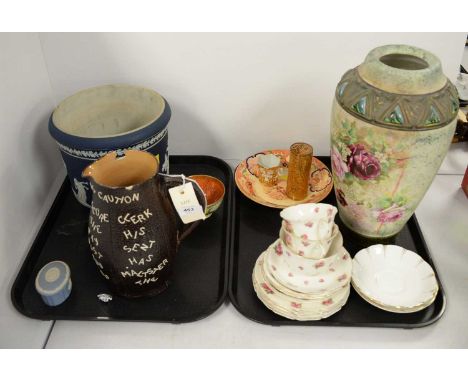 A Royal Doulton 'The Landlords Caution' jug, c.1890, impressed mark to base, 23cms high (damages); together with an Adams Tun