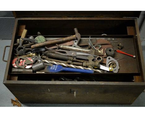 A 20th C metal tool box, comprising a collection of various tools; together with a smaller blue painted metal tool box, and t