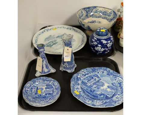 A selection of blue and white decorative ceramics, including: a Jasperware spill vase; a Jasperware candlestick; a small sele