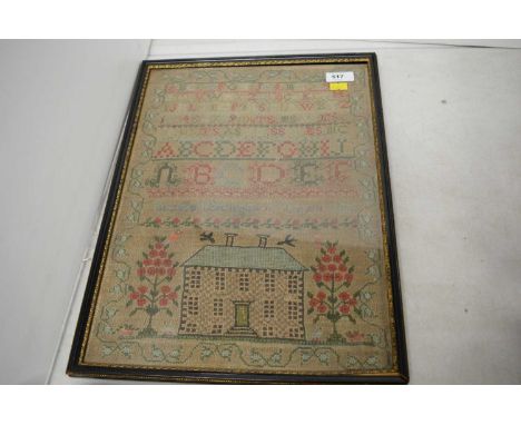 An early Victorian needlework sampler illustrating a house flanked by trees adorned with red flowers, signed Elizabeth Shilli