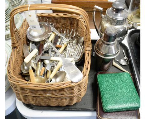 A selection of silver-plated wares, including: an American Apollo hammered coffee pot with stylized borders; a silver-plated 