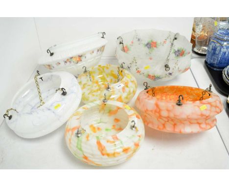 A selection of mottled opaque and coloured glass light shades, of various sizes and designs, the largest approximately 36cms 