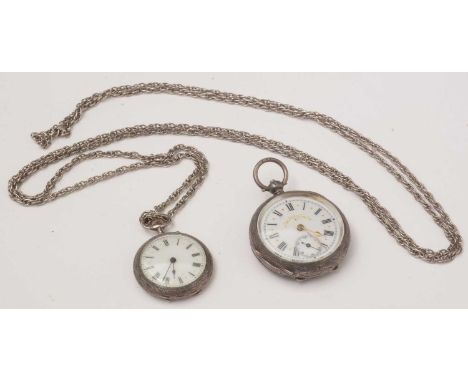 Two silver cased open faced fob watches, with white enamel roman dials and on fancy link chains. 