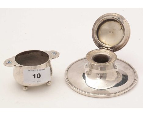 An Arts and Crafts enamelled silver salt cellar, by James Fenton, Birmingham, date mark rubbed, 1.0ozs, and a silver capstan 