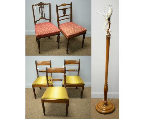 Three 19th Century mahogany dining chairs with lime inlaid decoration, drop-in seats and two Edwardian salon chairs and a mid