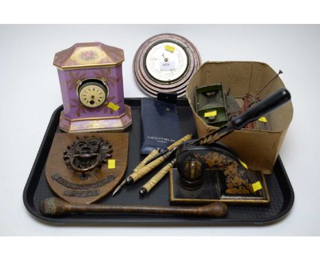 A mixed assortment of collectables, including: a wall mounted oak cased barometer, 14cms diameter; a Durham City wall plaque 