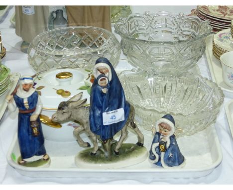 A Goebel figure group:  "Flight into Egypt", 7½"; 2 related figures; a Worcester Evesham covered dish; glassware; etc.