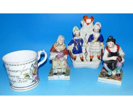 A pair of Staffordshire style figures:  the cobbler and his wife; another Staffordshire style group; another 19th century ite