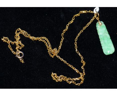 A jade pendant on chain, the clasp stamped '9CT', chain 9.5 gm approx