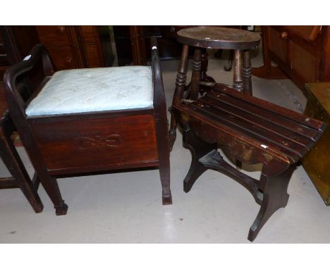 An Edwardian mahogany box seat piano stool; a 19th century elm kitchen stool; a slat seat stool