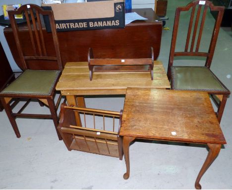 A pair of mahogany bedroom chairs; a luggage rack; an occasional table; stool; magazine rack etc