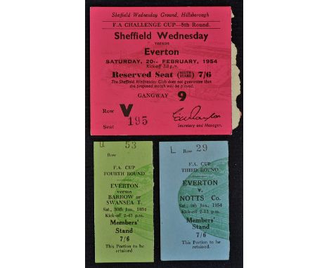 FA Cup Football Match Ticket Stubs 1953/4 Everton v Barrow/Swansea Town plus Everton v Notts. County, Sheffield Wednesday v E