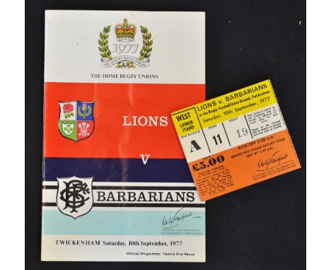 1977 British Lions v Barbarians rugby celebration programme and ticket - celebrating The Queens Silver Jubilee played at Twic