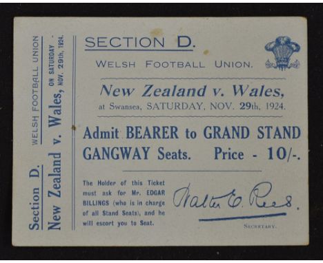 Rare 1924 Wales v New Zealand All Blacks Invincibles rugby match ticket - played at Swansea on Saturday 29th November, the Al