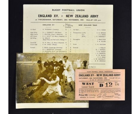 1945 England v New Zealand Army (Kiwis) rugby programme, ticket and photograph - played at Twickenham on Saturday 24 November