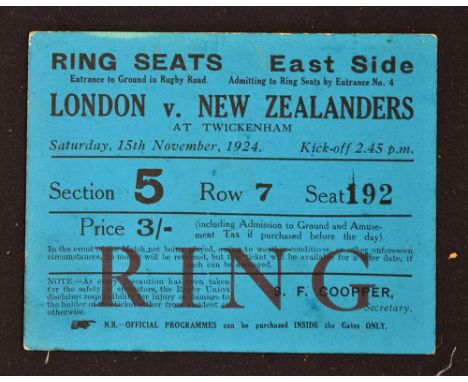 Rare 1924 London v New Zealand All Blacks Invincibles rugby match ticket - Excellent crisp blue card Ring Seats ticket, Small