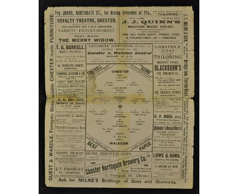 Chester v Walkden Central, Lancashire Combination match programme dated 21 October 1911, 4 pager and maybe missing the covers
