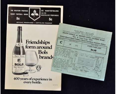 Scarce 1974 British Lions vs South Africa rugby programme and ticket - the 1st test match played at Newlands Cape Town on Sat
