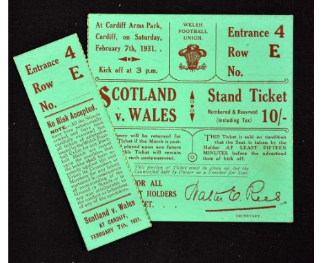 1931 Wales (Champions) v Scotland rugby ticket-played at Cardiff Arms Park on Saturday 7  February both the ticket and stub p