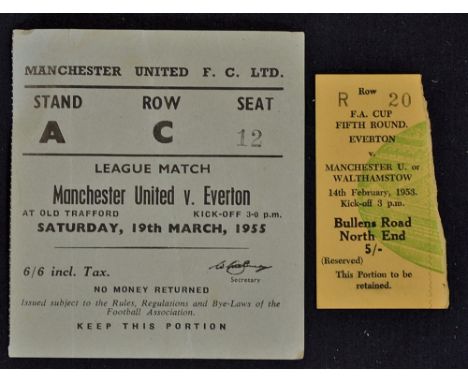 Match Football Ticket Stubs for 1952/53 Everton v Manchester United/Walthamstow Avenue (FAC) and Manchester United v Everton 